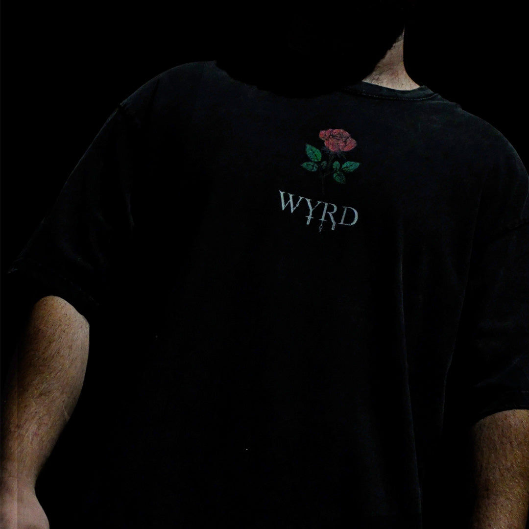Wyrd & Roses Tee - Black Oversized (Snow Wash)