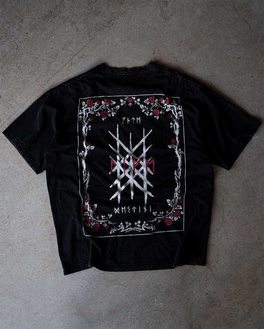 Wyrd & Roses Tee - Black Oversized (Snow Wash)