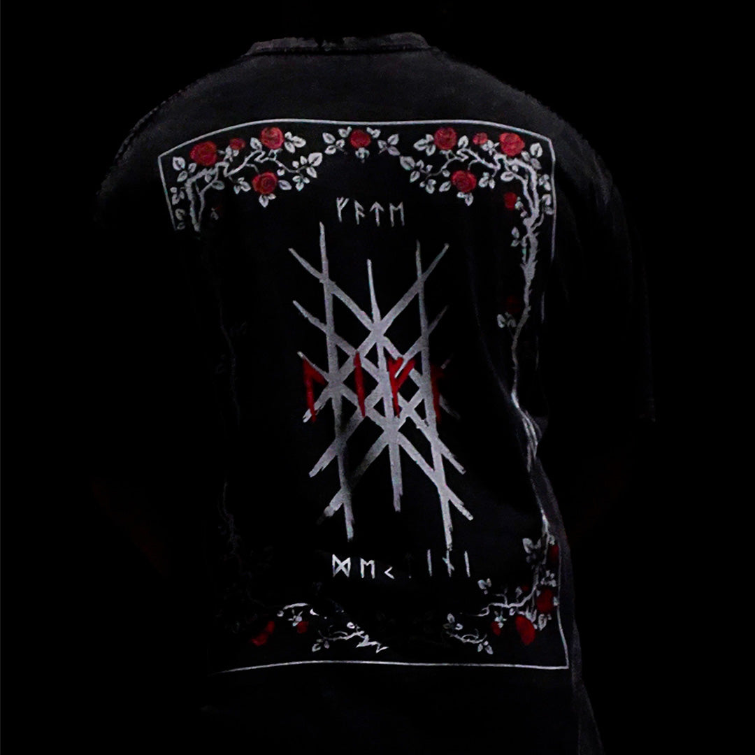 Wyrd & Roses Tee - Black Oversized (Snow Wash)